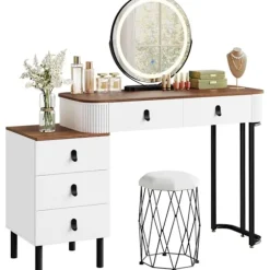 Rootz Dressing Table Set - Makeup Vanity - Beauty Station - Dæmpbar LED Mirror - Velvet Affol - White -brown - 100 x 126 x 40 cm