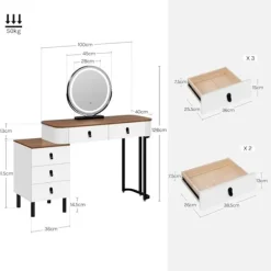 Rootz Dressing Table Set - Makeup Vanity - Beauty Station - Dæmpbar LED Mirror - Velvet Affol - White -brown - 100 x 126 x 40 cm
