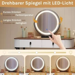 Rootz Dressing Table Set - Makeup Vanity - Beauty Station - Dæmpbar LED Mirror - Velvet Affol - White -brown - 100 x 126 x 40 cm