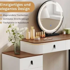 Rootz Dressing Table Set - Makeup Vanity - Beauty Station - Dæmpbar LED Mirror - Velvet Affol - White -brown - 100 x 126 x 40 cm