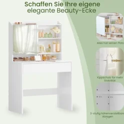 Rootz Elegant Dressing Table - Friction Table - Vanity Table - Inkluderer Mirror & skuffe - Træchipboard - 70 cm x 40 cm x 136 cm