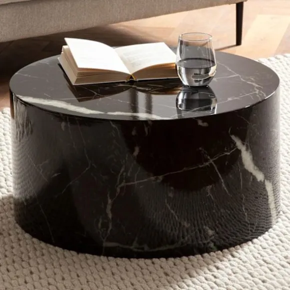 Rootz Elegant sofabord - Rundt bord - Marmorlook - Sort - Fjernbetjeningshylde - Alsidigt design - Ridsebeskyttelse - 60 cm x 60 cm x 30 cm