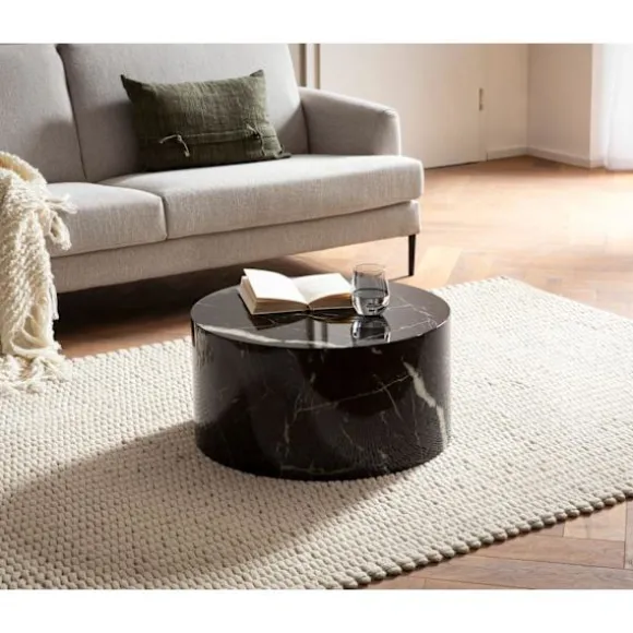 Rootz Elegant sofabord - Rundt bord - Marmorlook - Sort - Fjernbetjeningshylde - Alsidigt design - Ridsebeskyttelse - 60 cm x 60 cm x 30 cm
