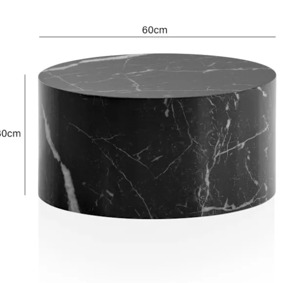 Rootz Elegant sofabord - Rundt bord - Marmorlook - Sort - Fjernbetjeningshylde - Alsidigt design - Ridsebeskyttelse - 60 cm x 60 cm x 30 cm