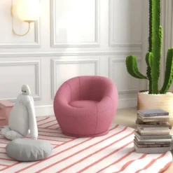 Rootz enkeltsofaer - Accentstol - Rundt design - Plys drejestol - Moderne charme - Solid træramme - Pink - 60L x 56W x 48H cm