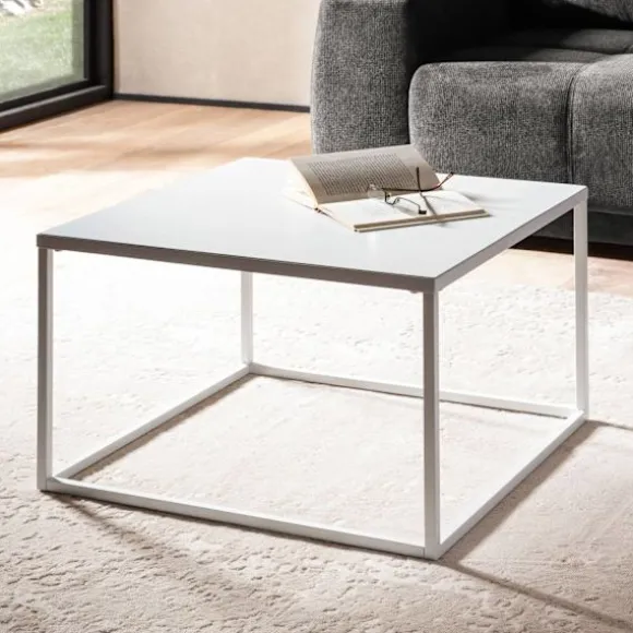 Rootz firkantet sofabord i industriel stil - Moderne midterbord - Metalstel - Opbevaringstop - 60 cm x 60 cm x 40 cm - Hvid