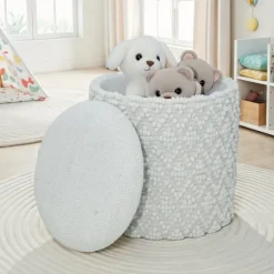 Rootz Fluffy uldskammel - Moderne osmannisk - Hvid puf - Struktureret overflade - 45 cm x 40 cm - Aftageligt sæde - 120 kg Max elasticitet