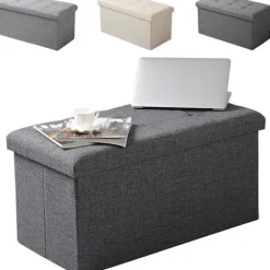 Rootz foldbar opbevaringsboks Ottoman - Linnedskammel - Fodskammel - Stor kapacitet - 76 cm x 38 cm x 37,5 cm - Mørkegrå Lysegrå Cremehvid