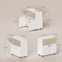 Rootz Foldebordsskab - Konvertibelt Spisebord - Udvidbart Rulleskab - Pladsbesparende Design - 70 x 83 x 75cm - Hvid + Brun