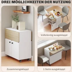 Rootz Foldebordsskab - Konvertibelt Spisebord - Udvidbart Rulleskab - Pladsbesparende Design - 70 x 83 x 75cm - Hvid + Brun