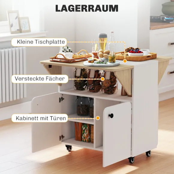 Rootz Foldebordsskab - Konvertibelt Spisebord - Udvidbart Rulleskab - Pladsbesparende Design - 70 x 83 x 75cm - Hvid + Brun