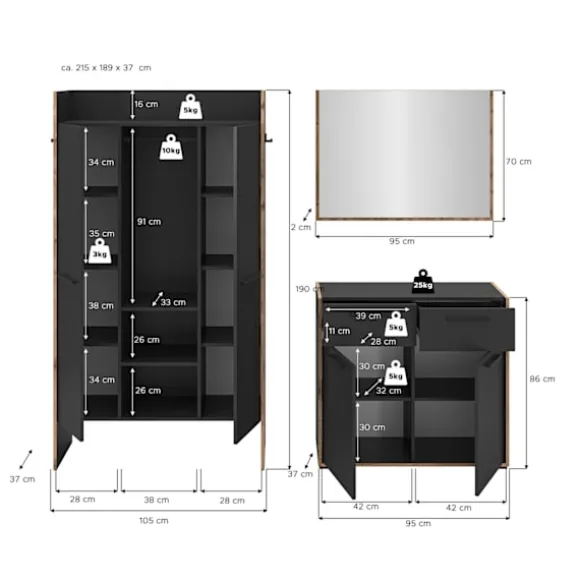 Rootz Garderobe Set - Closet Ensemble - Opbevaringskombination - Holdbar sort - 215 cm x 189 cm x 37 cm