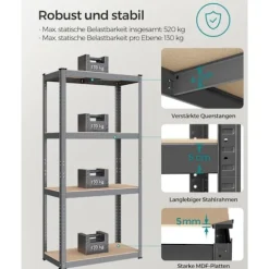 Rootz Grey Opbevaringsstativ - Reol - Metalramme - Heavy Duty - 40 cm x 80 cm x 160 cm - Galvaniseret stål - MDF - 10 kg - 130 kg Kapacitet - 520 kg S | Fyndiq