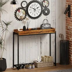Rootz Hall Bord - smalt konsolbord - Entrébord - Slank skænk - Stabil og sikker - Rustik brun+sort - 100x30x91cm