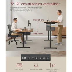 Rootz Højde Justerbar skrivebord - Elektrisk skrivebord - Sit Stand Desk - Sundhedsfordele - Brun - 180 x 80 x (72-120) cm