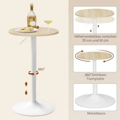 Rootz Højde Justerbar stangtabel - Bistro -bord - Runde sidebord - Skrab og vandtæt MDF - 52 cm Tabel Top x 69.5-91.5cm Højde