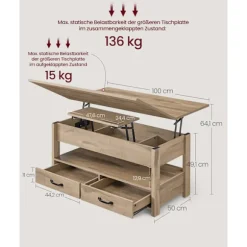 Rootz Højdejusterbart sofabord - Lift-top sofabord - Multifunktionelt bord - Opbevaringsløsning - 50 x 100 x 49,1/64,1 cm - Brun