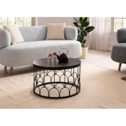 Rootz håndlavet sofabord - Industrielt design - Rundt bord - Naturligt trækorn - Håndlavet - 60 cm x 60 cm x 36 cm - Mango massivt træ - Pulverlakeret | Fyndiq