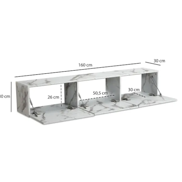 Rootz hængende tv-underskab - tv-stander - underholdningsenhed - marmorlook - rummeligt design - 160 cm x 30 cm x 30 cm