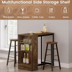 Rootz Home Barbord med vinhylde - Højt Bistrobord - Køkkenbord - Træmateriale - 91cm x 91cm x 49cm