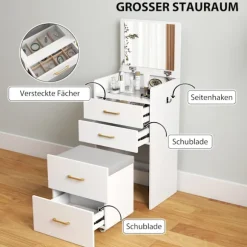 Rootz 3-i-1 make-up bordsæt - Vaskebord - Sengebord - Rigelig opbevaring - 48 cm x 40 cm x 90 cm