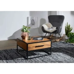 Rootz industrielt sofabord - sidebord - massivt træ - brun - luksus retro vintage glas sofabord med opbevaringsplads - 65 x 38 x 65 cm