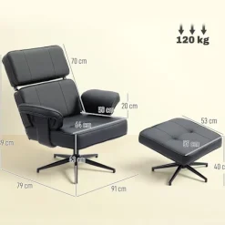 Rootz justerbar lænestol med fodskammel - Lænestol - Afslapningslænestol - Nakkestøtte - Kunstlæder, Grå, 91x79x89cm (stol), 59x53x40cm (skammel)