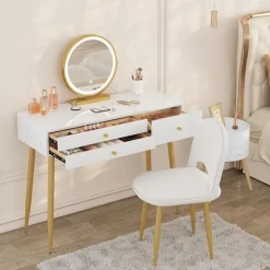 Rootz justerbart sminkebordssæt - Sminkebord med skammel - Makeup skrivebord med LED-spejl - Ergonomisk komfort - Rigelig opbevaring - Robust design - | Fyndiq