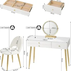 Rootz justerbart sminkebordssæt - Sminkebord med skammel - Makeup skrivebord med LED-spejl - Ergonomisk komfort - Rigelig opbevaring - Robust design - | Fyndiq