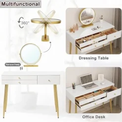 Rootz justerbart sminkebordssæt - Sminkebord med skammel - Makeup skrivebord med LED-spejl - Ergonomisk komfort - Rigelig opbevaring - Robust design - | Fyndiq