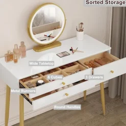 Rootz justerbart sminkebordssæt - Sminkebord med skammel - Makeup skrivebord med LED-spejl - Ergonomisk komfort - Rigelig opbevaring - Robust design - | Fyndiq