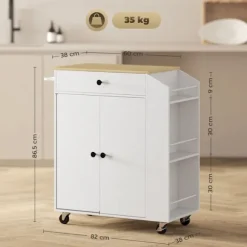 Rootz Kitchen Cart med skuffe - Mobil opbevaring - Alsidig vogn - Justerbare hylder - 82 x 38 x 86,5 cm - Hvid og brun