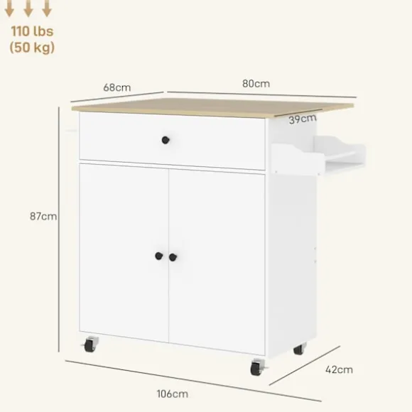 Rootz Kitchen Cart med skuffe - Kitchen Island - Serveringsvogn - Alsidig opbevaring - 106 cm x 42 cm x 87 cm