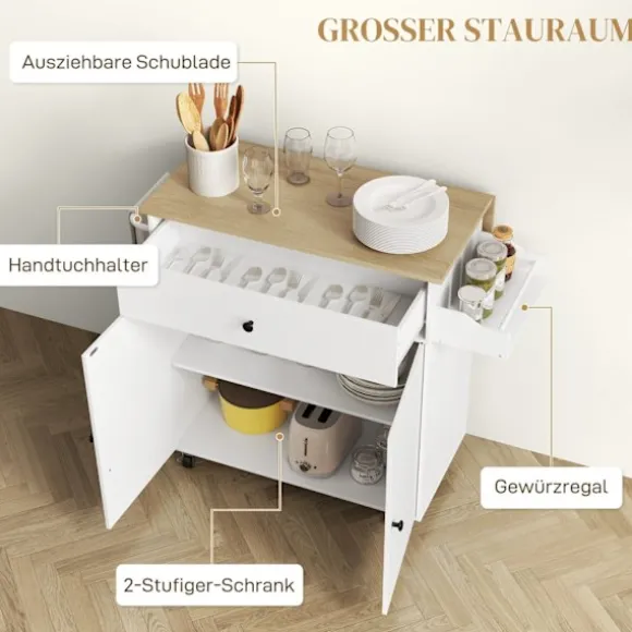 Rootz Kitchen Cart med skuffe - Kitchen Island - Serveringsvogn - Alsidig opbevaring - 106 cm x 42 cm x 87 cm