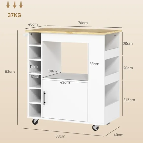 Rootz Kitchen Trolley - Rolling Island - Bærbar vogn - Vinstativer & opbevaring - Rubberwood Top - 83L X 40W X 83H CM