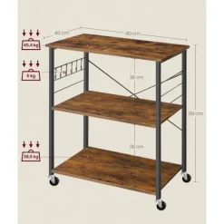 Rootz køkkenhylde 3 etagers vogn - Rullevogn - Vintage Brun - Sort - Spånplade - Stål - 40cm x 80cm x 89cm