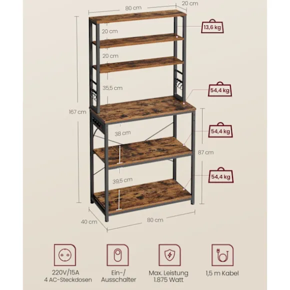 Rootz køkkenhylde Vintage Brun & Sort - Opbevaringsenhed - Skab - Spånplader og stål - 40 cm x 80 cm x 167 cm - S-kroge - Nem at samle