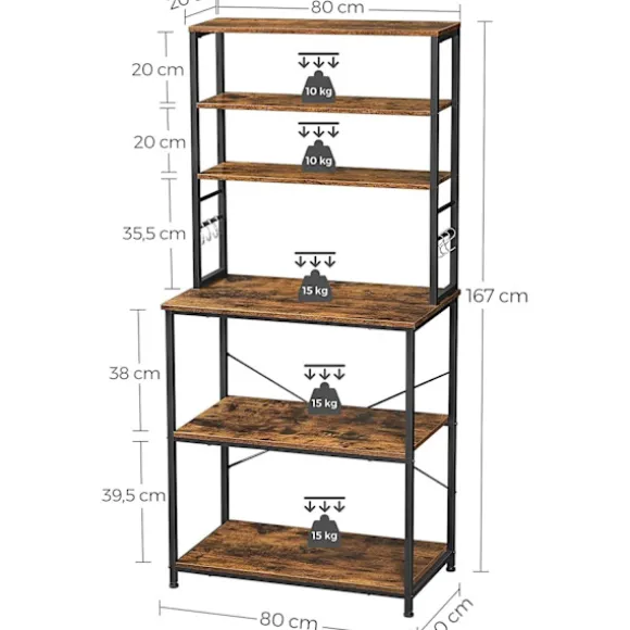 Rootz Køkkenskab - Køkkenstativ - 6 kroge - Metal - Industriel - Brun - Sort - 80 x 40 x 167 cm