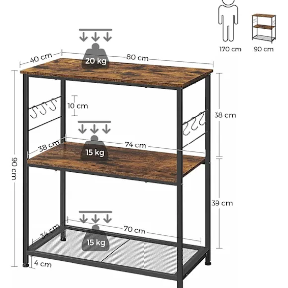 Rootz køkkenstativ - skænk - opbevaringsstativ - 3 hylder - 6 kroge - forarbejdet træ - metal - industrielt - 80 x 40 x 90 cm