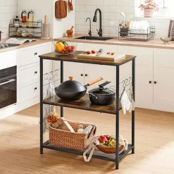 Rootz køkkenstativ - skænk - opbevaringsstativ - 3 hylder - 6 kroge - forarbejdet træ - metal - industrielt - 80 x 40 x 90 cm