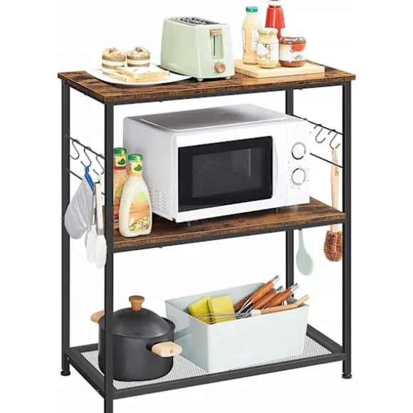 Rootz køkkenstativ - skænk - opbevaringsstativ - 3 hylder - 6 kroge - forarbejdet træ - metal - industrielt - 80 x 40 x 90 cm