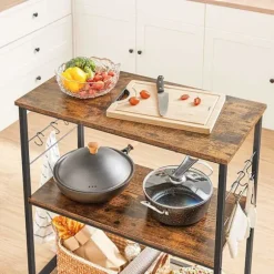 Rootz køkkenstativ - skænk - opbevaringsstativ - 3 hylder - 6 kroge - forarbejdet træ - metal - industrielt - 80 x 40 x 90 cm