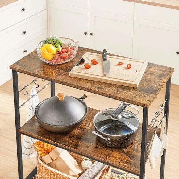 Rootz køkkenstativ - skænk - opbevaringsstativ - 3 hylder - 6 kroge - forarbejdet træ - metal - industrielt - 80 x 40 x 90 cm