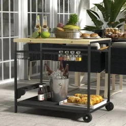 Rootz Køkkenvogn - 2 Etagers - Serveringsvogn - 4 flaskeholdere - Indendørs-udendørs - 2 hylder - Robust stel - Gran Træ-stål - Natursort - 97,5L x 65 | Fyndiq