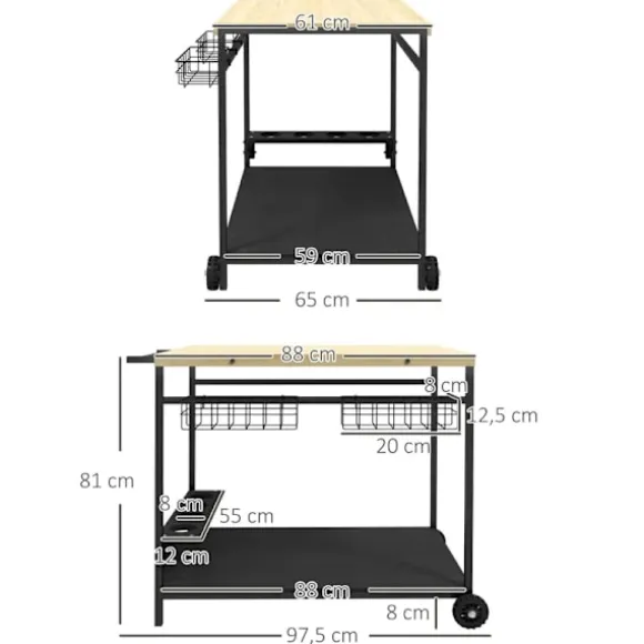 Rootz Køkkenvogn - 2 Etagers - Serveringsvogn - 4 flaskeholdere - Indendørs-udendørs - 2 hylder - Robust stel - Gran Træ-stål - Natursort - 97,5L x 65 | Fyndiq