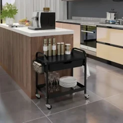 Rootz Køkkenvogn - 1 Skuffe - Sidekroge - 1 Hylde - 4 Hjul - Lille kurv - Multifunktionsvogn - Plast+stål - Sort - 61L x 32,6W x 58,5Hcm