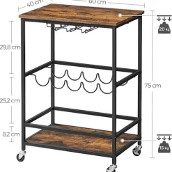 Rootz Køkkenvogn - Serveringsvogn - Barvogn - På hjul - Flaskestativ - Glasholdere - Brun - Sort - Forarbejdet træ - Metal - 60 x 40 x 75 cm