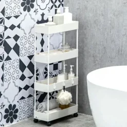 Rootz Køkkenvogn - Serveringsvogn - Køkkenvogn - Med 4 hylder - 3 fleksible kroge - 4 hjul - Hvid - 40cm x 19cm x 90cm