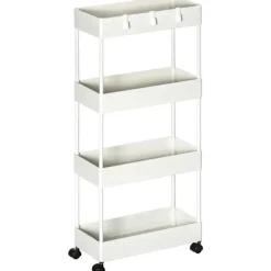 Rootz Køkkenvogn - Serveringsvogn - Køkkenvogn - Med 4 hylder - 3 fleksible kroge - 4 hjul - Hvid - 40cm x 19cm x 90cm