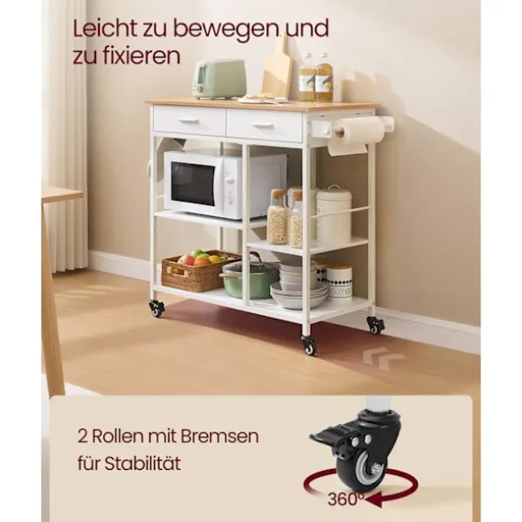 Rootz Køkkenvogn med hjul - Mobil vogn - Opbevaringsenhed - Rigelig opbevaringsplads - 45 cm x 98,7 cm x 90 cm - Brun-Hvid